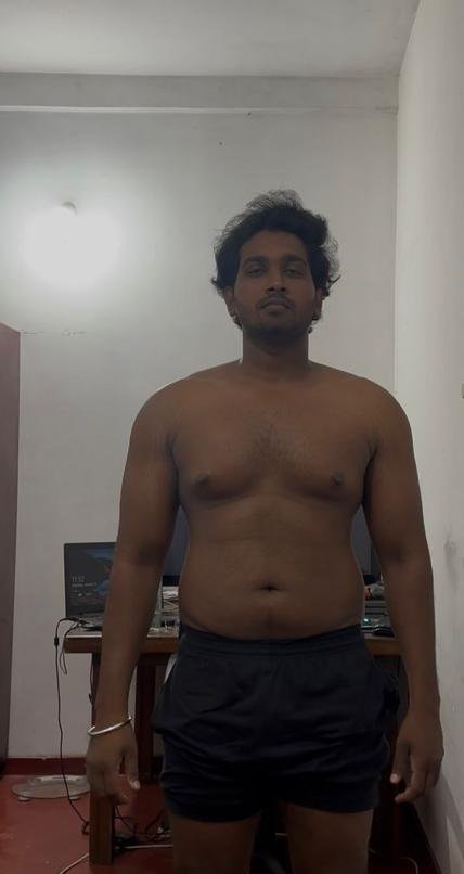 Client fat loss transformation before photo with LOKIVERSE coaching